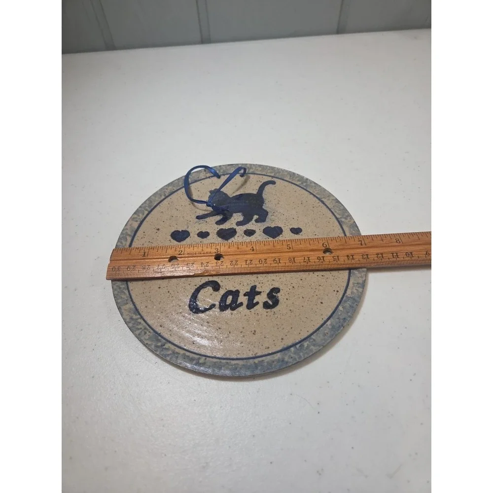 Art Pottery Blue Spongeware I Love Cats Wall Hanging Artist Signed Feline Hearts